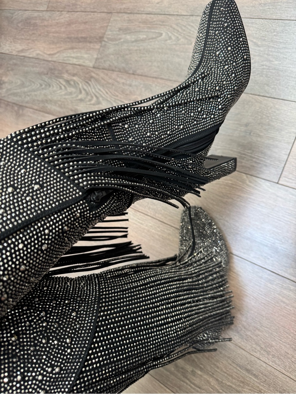 Glamorous Black Heeled Boots with Fringe and Glitter